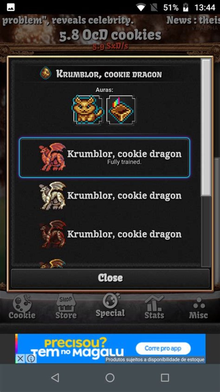 What's the aura for Cookie Clicker's Krumblor the cookie dragon?
