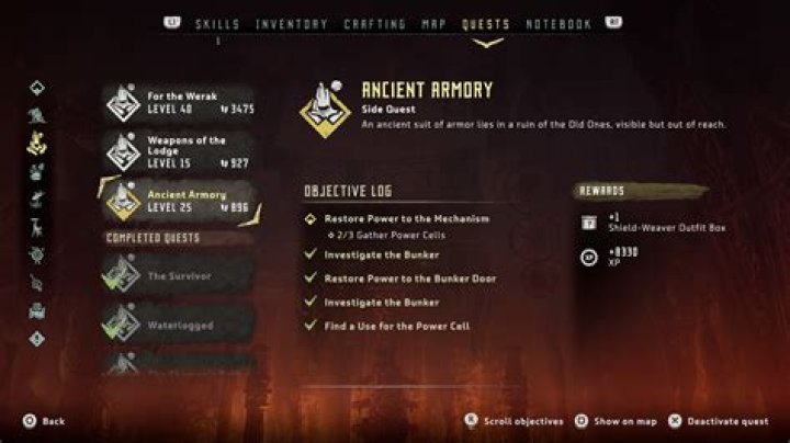 Why are power cells unavailable for the Ancient Armory side quest after finishing the main quest?